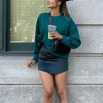 ТРАФИКА Za Woman 2021 Зелен сатен пола, Дамски елегантни мини-полите с висока талия Мода сини лилави тънки Реколта къси поли