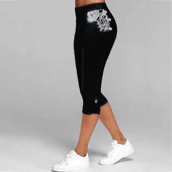 Дамски летни тънки дантелени панталони Капри копчета с принтом Разтеглив Ежедневни скъсяване на панталон Скъсяване на Участък Плюс Размер S-5XL спортно облекло