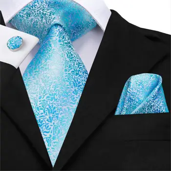 Hi-Вратовръзка Нов Мъжки Комплект вратовръзки от естествена Коприна Вратовръзка Високо Качество Носни кърпички копчета за Ръкавели Набор от Модерен Сватбен Джобен квадратен Синьо цвете вратовръзка